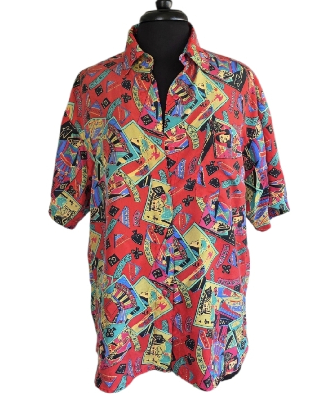 Vintage 90s Silk Boxy Top Playing Cards Xprso Small Oversized Button-Down Shirt